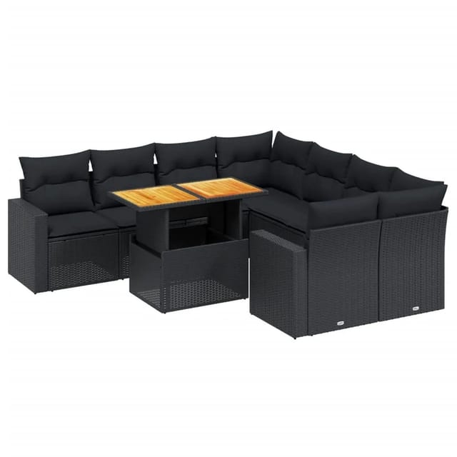 vidaXL 9-Tlg Garten-Sofagarnitur mit Kissen Schwarz Poly Rattan 3271237