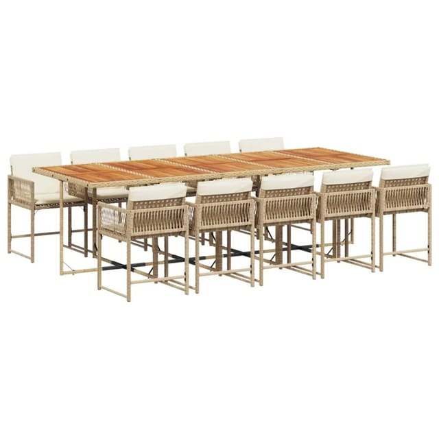 vidaXL 11-Tlg Garten-Essgruppe mit Kissen Beige Poly Rattan 3211480