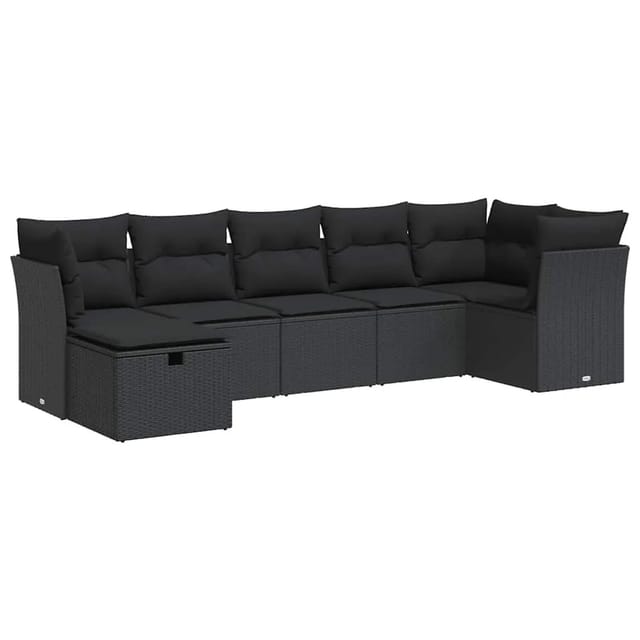 vidaXL 7-Tlg Garten-Sofagarnitur mit Kissen Schwarz Poly Rattan 3325301