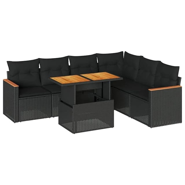 vidaXL 7-Tlg Garten-Sofagarnitur mit Kissen Schwarz Poly Rattan 3327492