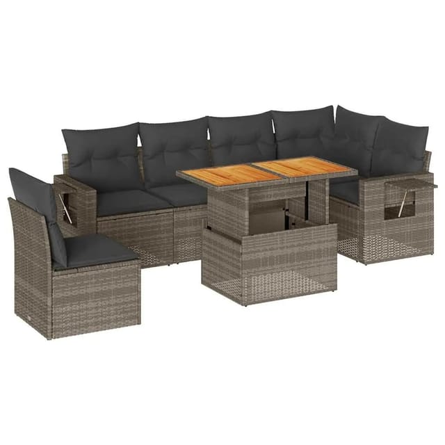 vidaXL 7-Tlg Garten-Sofagarnitur mit Kissen Grau Poly Rattan 3327161