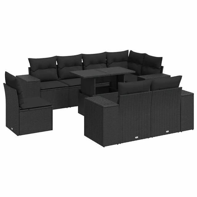 vidaXL 9-Tlg Garten-Sofagarnitur mit Kissen Schwarz Poly Rattan 3326816
