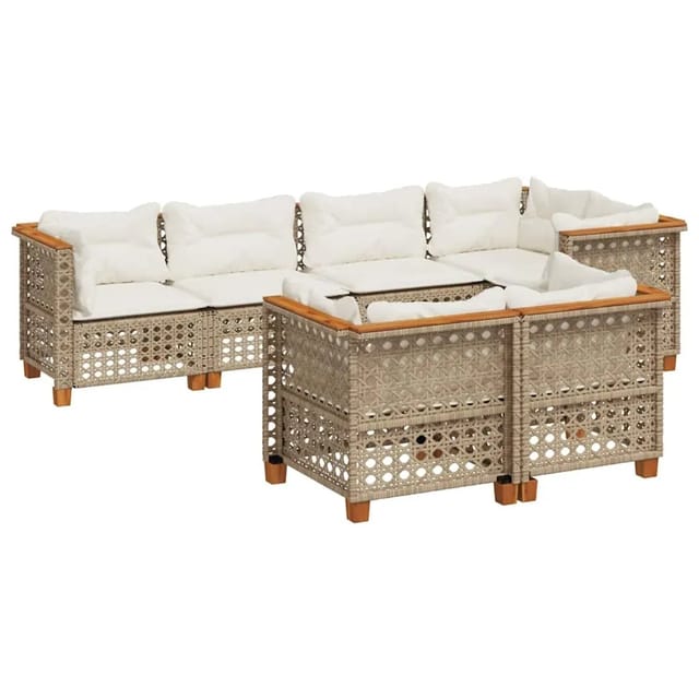 vidaXL 7-Tlg Garten-Sofagarnitur mit Kissen Beige Poly Rattan 3261886