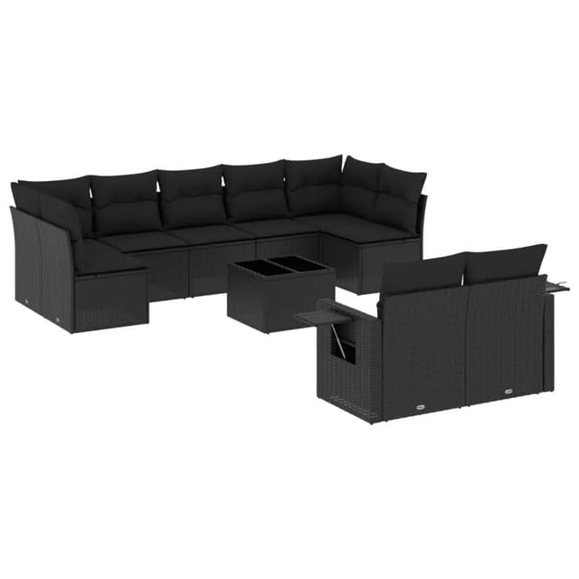 vidaXL 10-Tlg Garten-Sofagarnitur mit Kissen Schwarz Poly Rattan 3220624