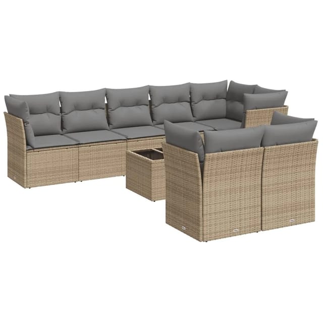 vidaXL 9-Tlg Garten-Sofagarnitur mit Kissen Beige Poly Rattan 3217919