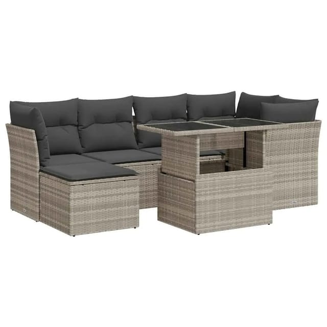 vidaXL 7-Tlg Garten-Sofagarnitur mit Kissen Hellgrau Poly Rattan 3326193