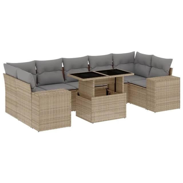 vidaXL 8-Tlg Garten-Sofagarnitur mit Kissen Beige Poly Rattan 3269039