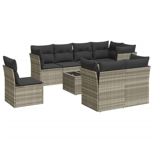 vidaXL 9-Tlg Garten-Sofagarnitur mit Kissen Hellgrau Poly Rattan 3249781