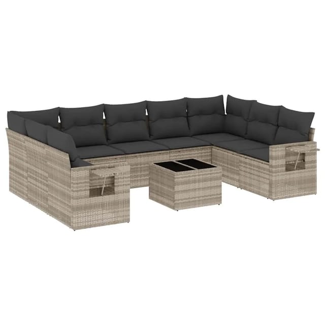 vidaXL 10-Tlg Garten-Sofagarnitur mit Kissen Hellgrau Poly Rattan 3220611
