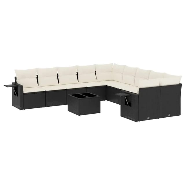 vidaXL 11-Tlg Garten-Sofagarnitur mit Kissen Schwarz Poly Rattan 3253053