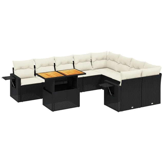 vidaXL 10-Tlg Garten-Sofagarnitur mit Kissen Schwarz Poly Rattan 3271910