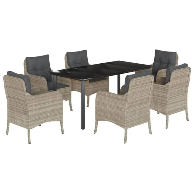vidaXL 7-Tlg Garten-Essgruppe mit Kissen Hellgrau Poly Rattan 3212001