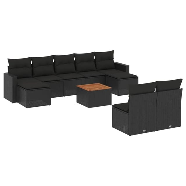 vidaXL 10-Tlg Garten-Sofagarnitur mit Kissen Schwarz Poly Rattan 3256650