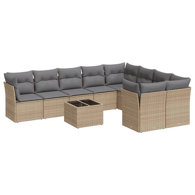 vidaXL 10-Tlg Garten-Sofagarnitur mit Kissen Beige Poly Rattan 3218179