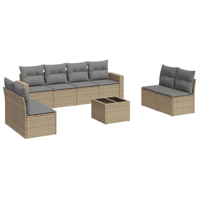 vidaXL 9-Tlg Garten-Sofagarnitur mit Kissen Beige Poly Rattan 3218849