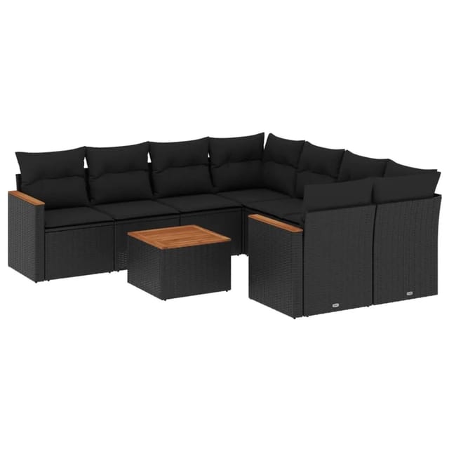 vidaXL 9-Tlg Garten-Sofagarnitur mit Kissen Schwarz Poly Rattan 3225824
