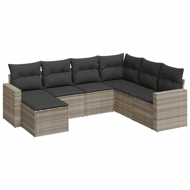 vidaXL 7-Tlg Garten-Sofagarnitur mit Kissen Hellgrau Poly Rattan 3219292