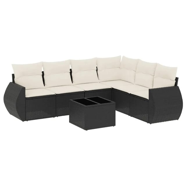vidaXL 7-Tlg Garten-Sofagarnitur mit Kissen Schwarz Poly Rattan 3221415