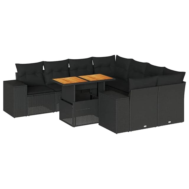 vidaXL 9-Tlg Garten-Sofagarnitur mit Kissen Schwarz Poly Rattan 3327352