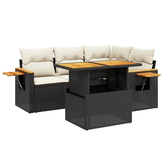 vidaXL 5-Tlg Garten-Sofagarnitur mit Kissen Schwarz Poly Rattan 3273499