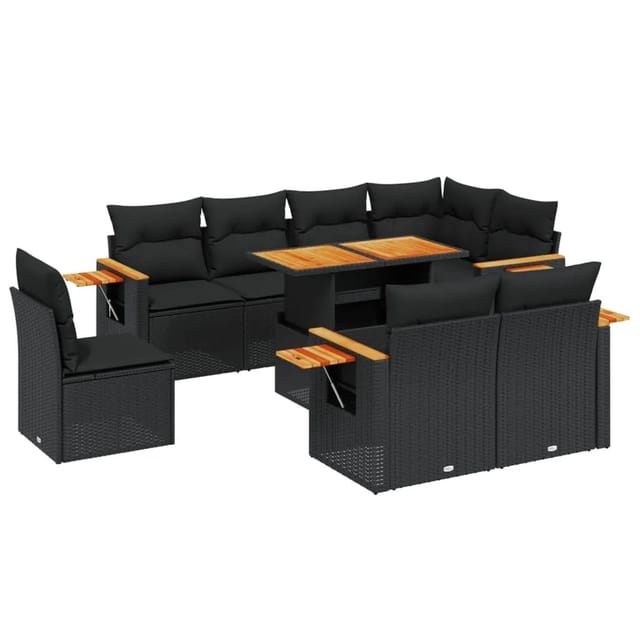 vidaXL 9-Tlg Garten-Sofagarnitur mit Kissen Schwarz Poly Rattan 3273610