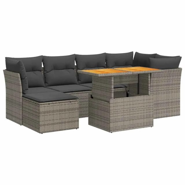 vidaXL 7-Tlg Garten-Sofagarnitur mit Kissen Grau Poly Rattan 3326951