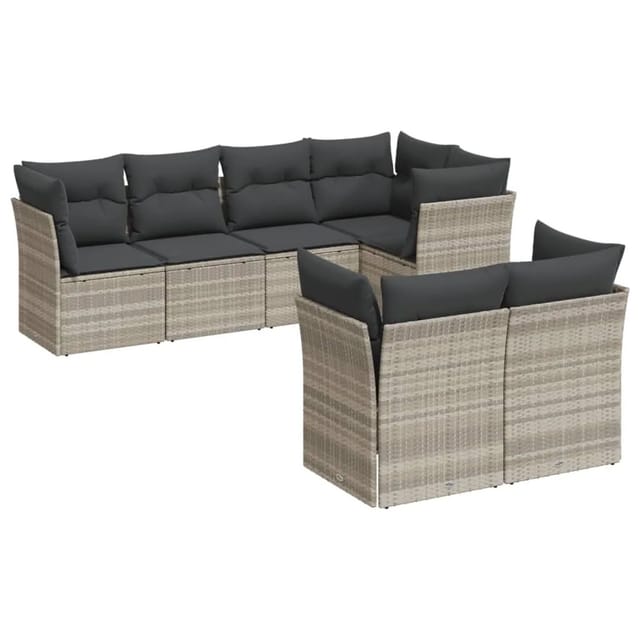 vidaXL 7-Tlg Garten-Sofagarnitur mit Kissen Hellgrau Poly Rattan 3249741