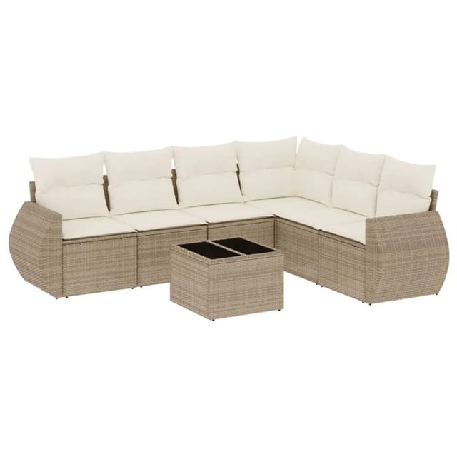 vidaXL 7-Tlg Garten-Sofagarnitur mit Kissen Beige Poly Rattan 3253755