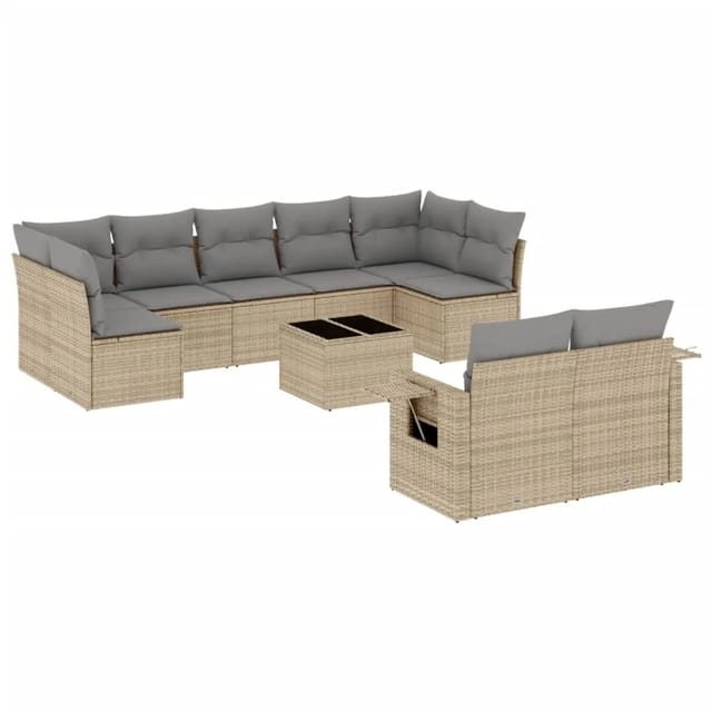 vidaXL 10-Tlg Garten-Sofagarnitur mit Kissen Beige Poly Rattan 3252966