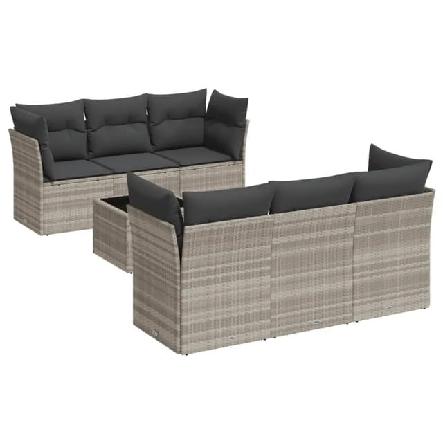 vidaXL 7-Tlg Garten-Sofagarnitur mit Kissen Hellgrau Poly Rattan 3249101