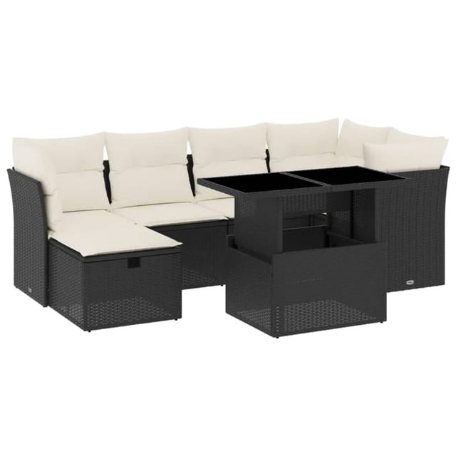 vidaXL 7-Tlg Garten-Sofagarnitur mit Kissen Schwarz Poly Rattan 3274656