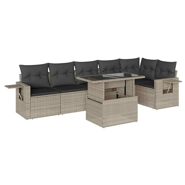 vidaXL 7-Tlg Garten-Sofagarnitur mit Kissen Hellgrau Poly Rattan 3267922