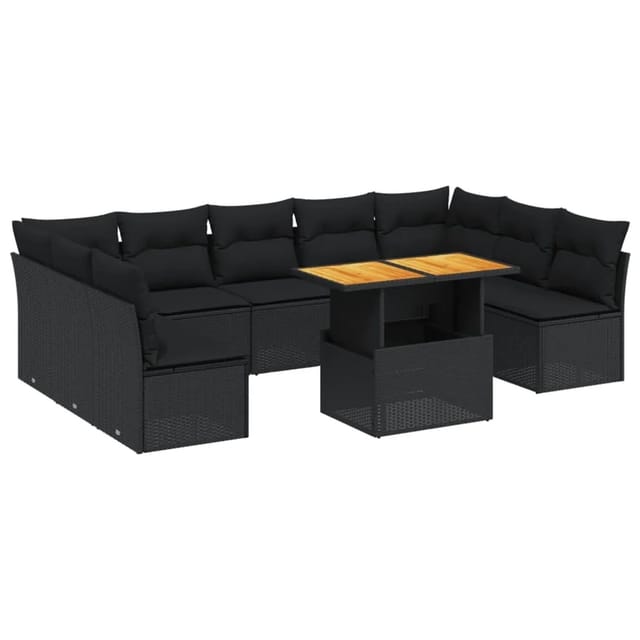 vidaXL 10-Tlg Garten-Sofagarnitur mit Kissen Schwarz Poly Rattan 3271454
