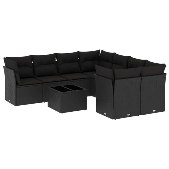 vidaXL 9-Tlg Garten-Sofagarnitur mit Kissen Schwarz Poly Rattan 3249154