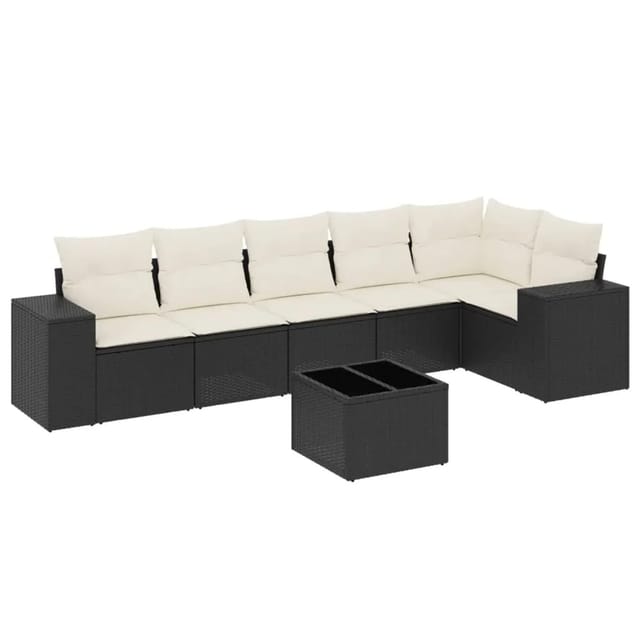 vidaXL 7-Tlg Garten-Sofagarnitur mit Kissen Schwarz Poly Rattan 3254933