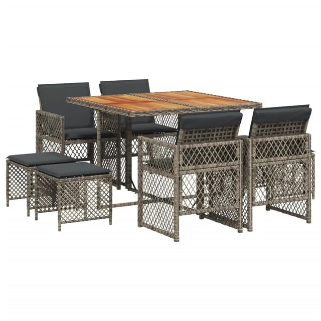 vidaXL 9-Tlg Garten-Essgruppe mit Kissen Grau Poly Rattan 3210782