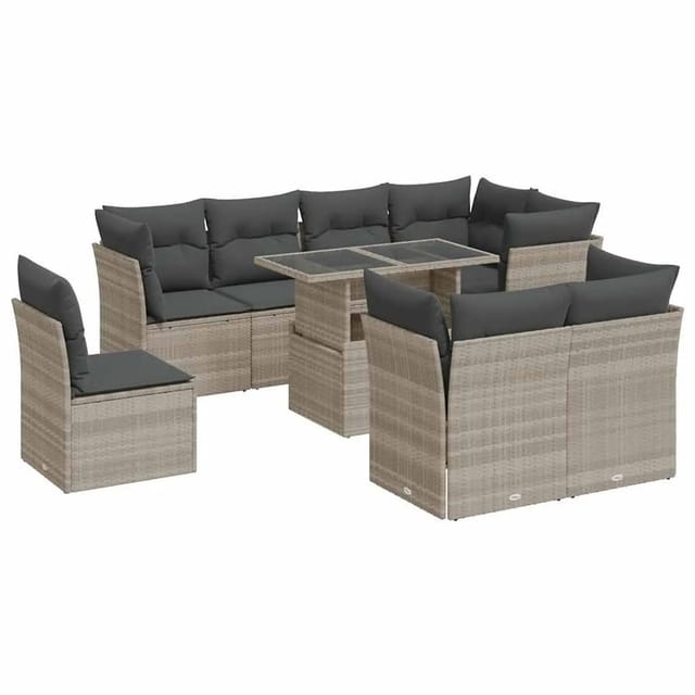 vidaXL 9-Tlg Garten-Sofagarnitur mit Kissen Hellgrau Poly Rattan 3326183