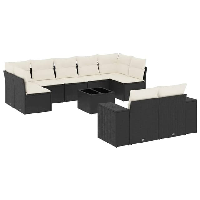 vidaXL 10-Tlg Garten-Sofagarnitur mit Kissen Schwarz Poly Rattan 3255363