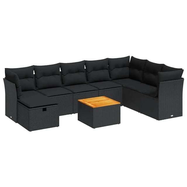 vidaXL 9-Tlg Garten-Sofagarnitur mit Kissen Schwarz Poly Rattan 3325772