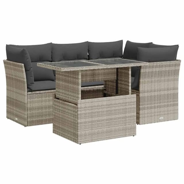vidaXL 5-Tlg Garten-Sofagarnitur mit Kissen Hellgrau Poly Rattan 3326153
