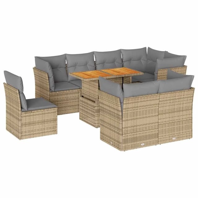 vidaXL 9-Tlg Garten-Sofagarnitur mit Kissen Beige Poly Rattan 3326943