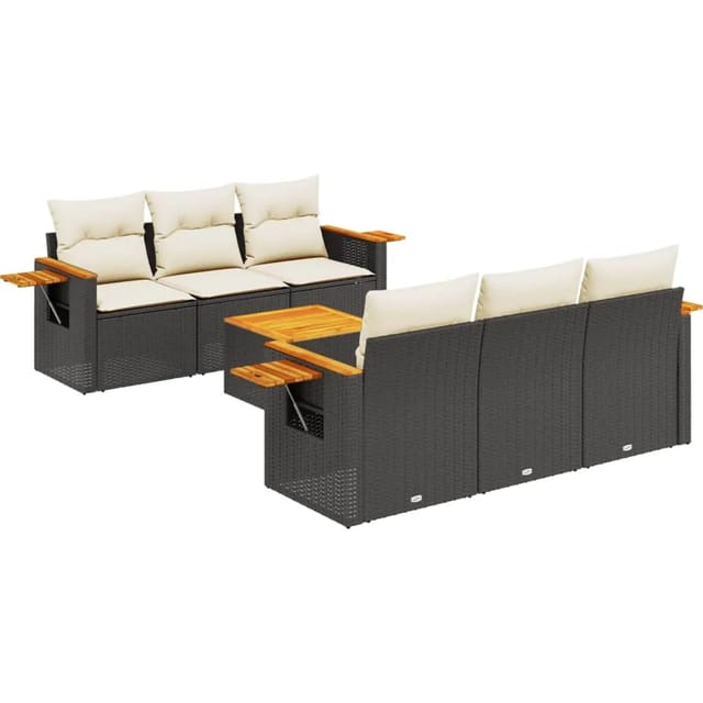vidaXL 7-Tlg Garten-Sofagarnitur mit Kissen Schwarz Poly Rattan 3226630