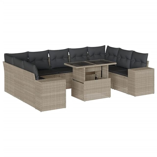 vidaXL 10-Tlg Garten-Sofagarnitur mit Kissen Hellgrau Poly Rattan 3269372