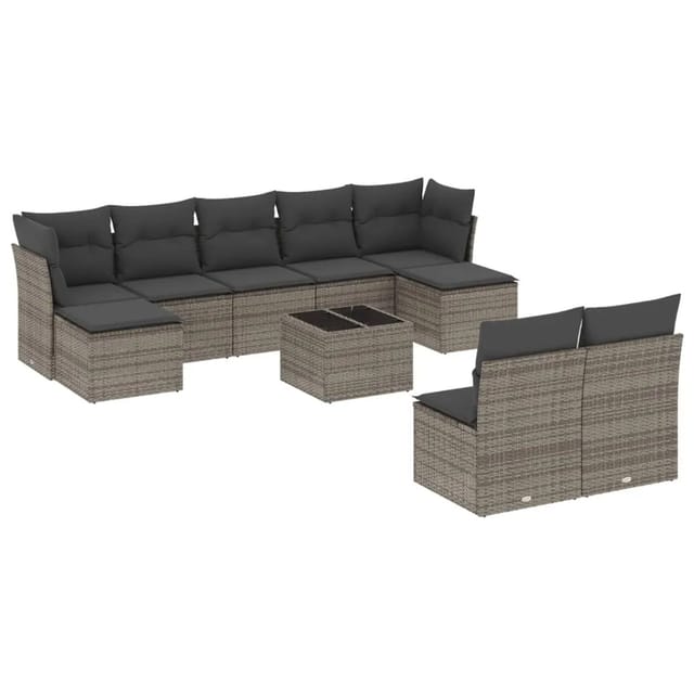 vidaXL 10-Tlg Garten-Sofagarnitur mit Kissen Grau Poly Rattan 3218280