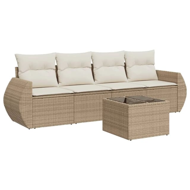 vidaXL 5-Tlg Garten-Sofagarnitur mit Kissen Beige Poly Rattan 3253425