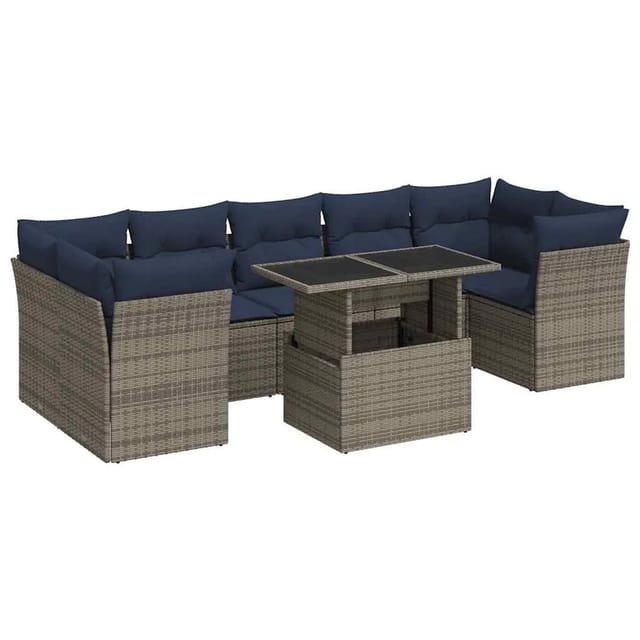 vidaXL 8-Tlg Garten-Sofagarnitur mit Kissen Grau Poly Rattan Akazie 3326122