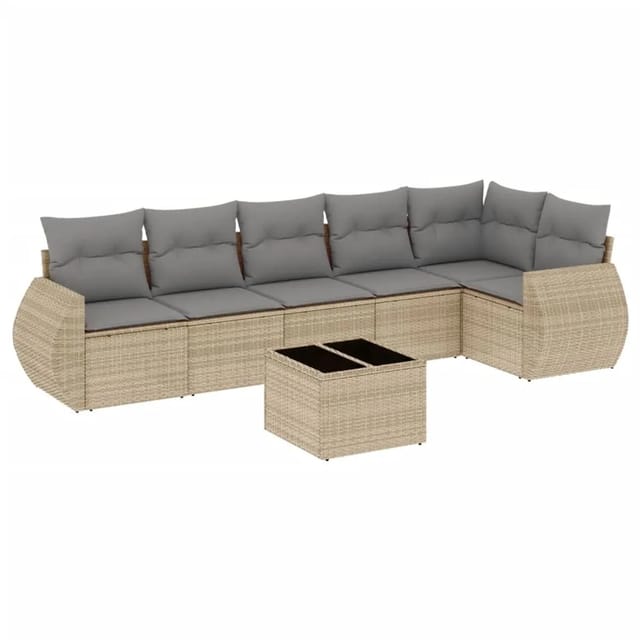 vidaXL 7-Tlg Garten-Sofagarnitur mit Kissen Beige Poly Rattan 3253736