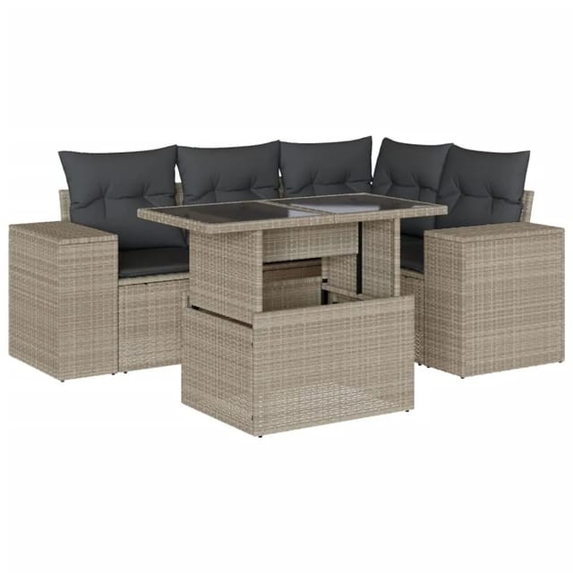 vidaXL 5-Tlg Garten-Sofagarnitur mit Kissen Hellgrau Poly Rattan 3269142