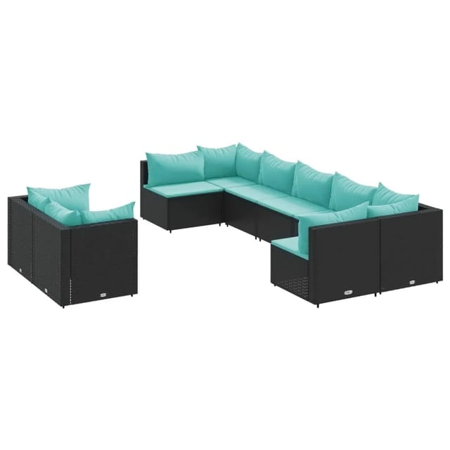 vidaXL 9-Tlg Garten-Sofagarnitur mit Kissen Schwarz Poly Rattan 3308300