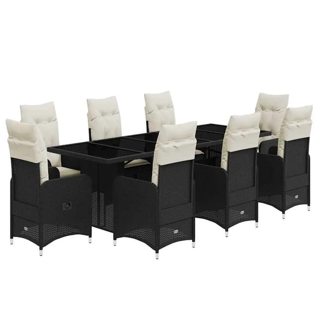 vidaXL 9-Tlg Garten-Bistro-Set mit Kissen Schwarz Poly Rattan 3277274